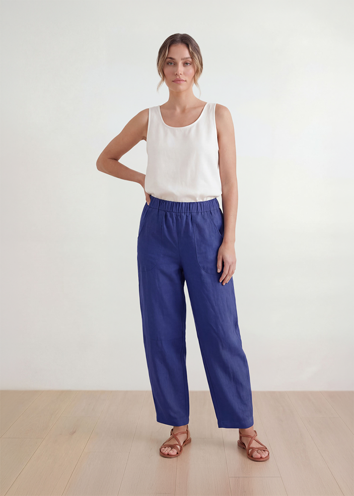 Midnight Blue Linen Barrel Pants